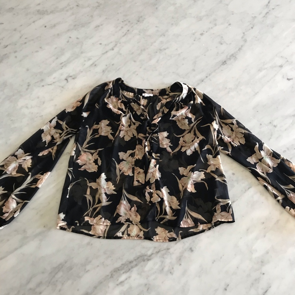 BP. black sheer floral blouse w/ neck tie size S